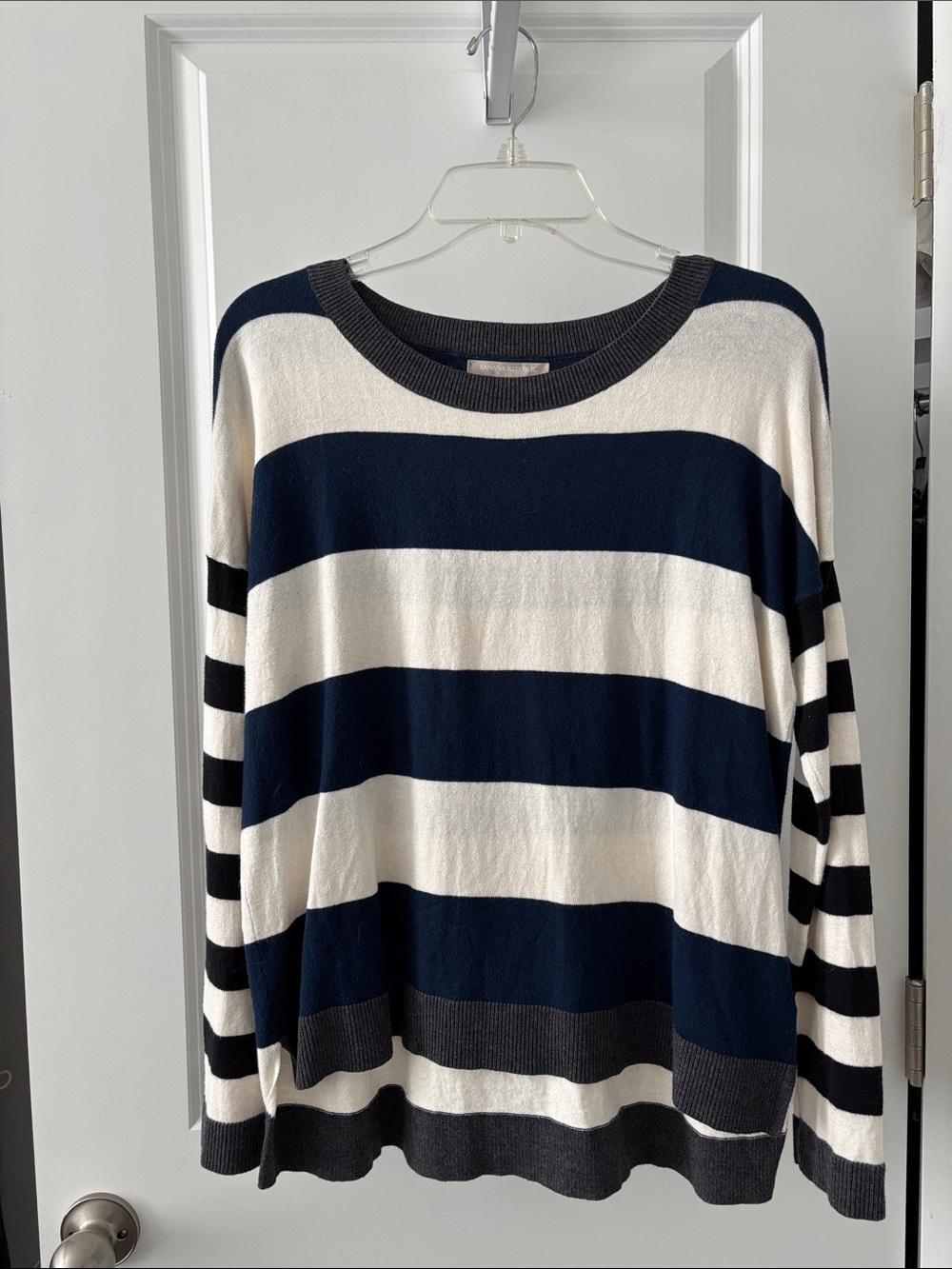 Banana Republic Women’s Navy and White Striped Crewneck Sweater